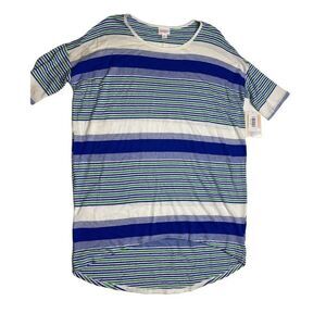 LuLaRoe Irma High Low Tunic Top Blue Green Stripe XS NEW